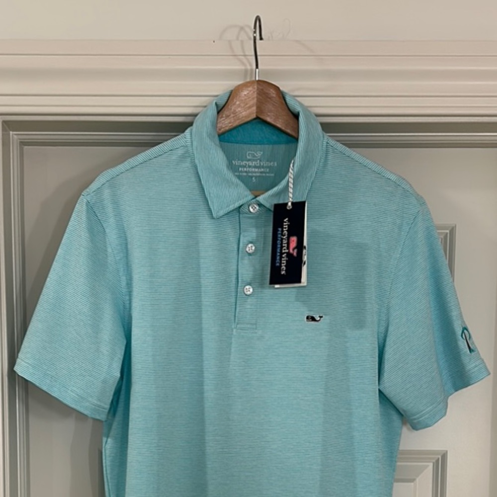 Vineyard Vines Men's Performance Polo, teal and white stripe